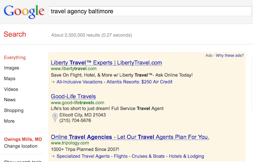Travel agency Baltimore search advertising